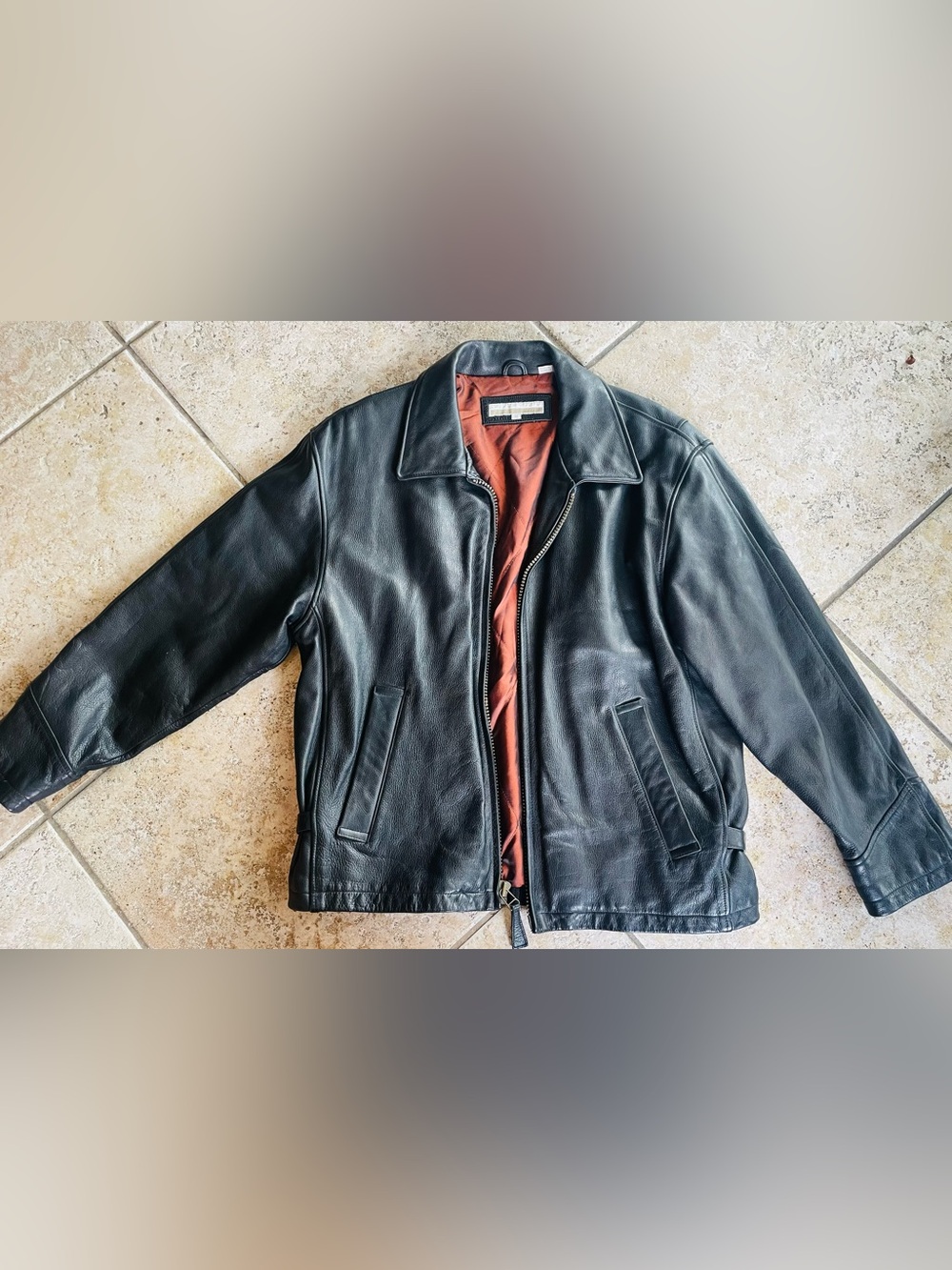 Perry Ellis Black Leather Bomber Jacket with Rust Lining